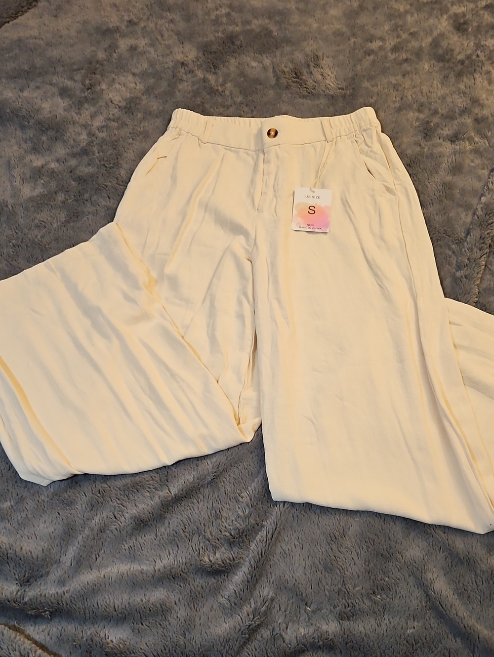 Womens Cream Elastic-Waist Linen Blend Pants 29inch Inseam